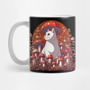 Funny Vintage White Cat in Mushroom Garden Mug